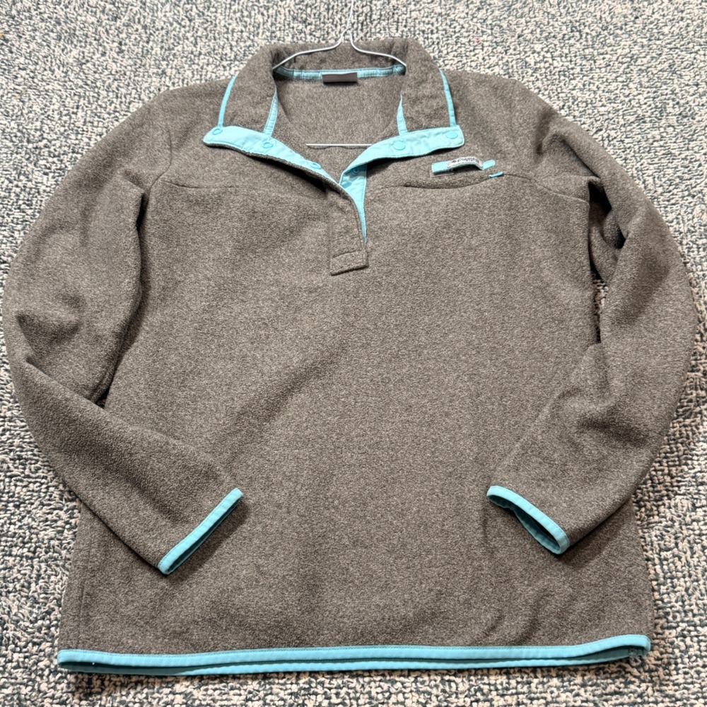 Columbia PFG Fleece Pullover Womens Large Grey Aqua Snap Neck Jacket Sweater